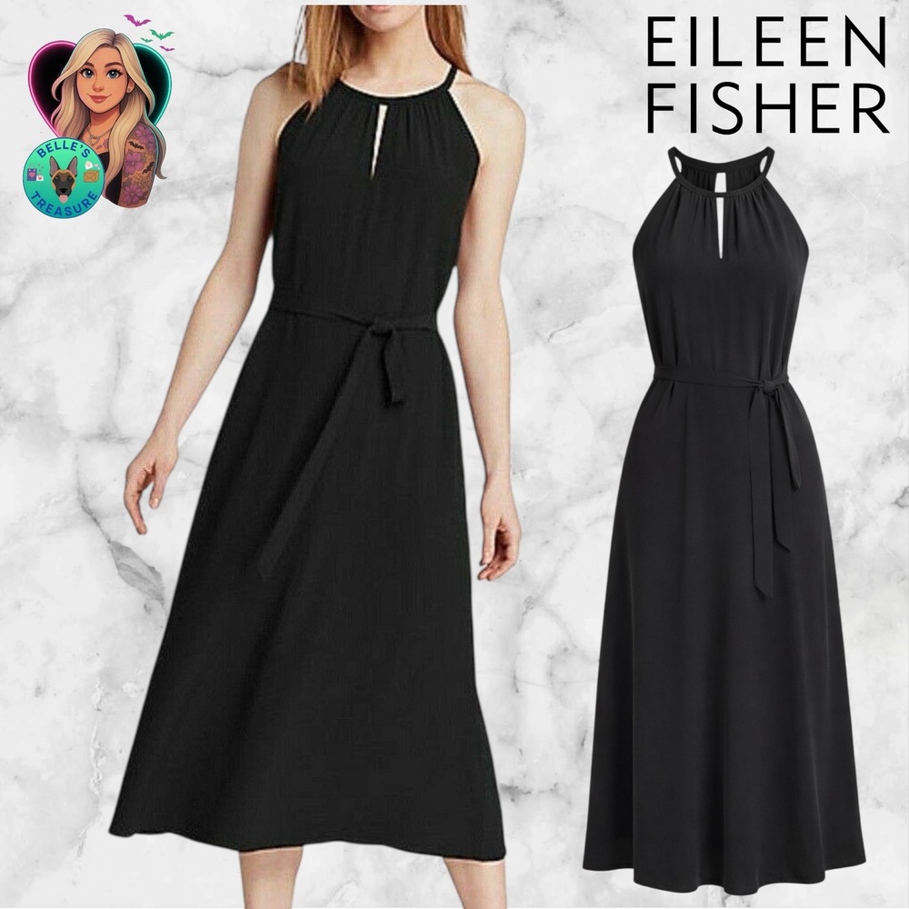 Eileen Fisher Black Tencel Viscose Halter Keyhole‎ Belted Midi Dress Womens XS